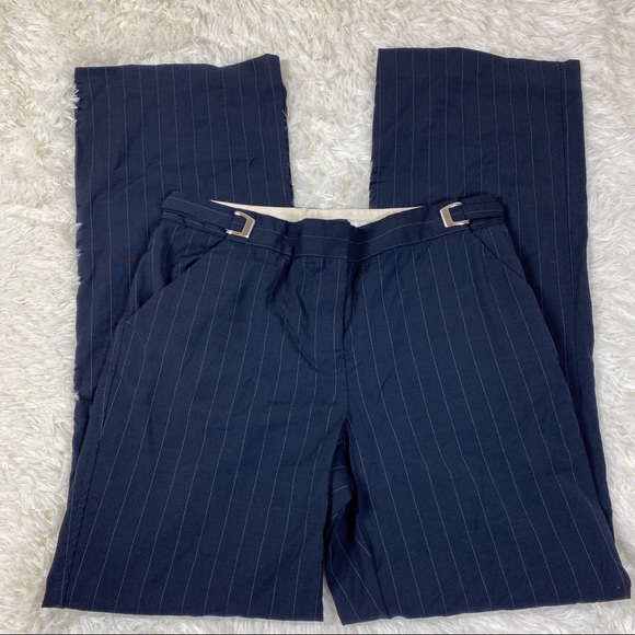 J Crew Wool Blend Navy Flare Leg White Pinstripe Trouser Pants Size 4 - Picture 1 of 8